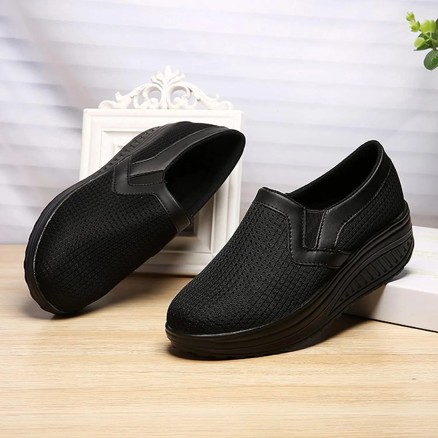 oiangi Women Wedge Shoes Breathable Mesh Sneakers Slip On Comfort Walking Shoes Fashion Casual Solid Color Round Toe Non-Slip Platform Sports Shoes