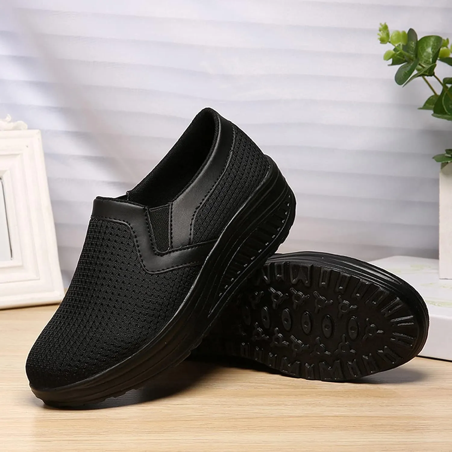oiangi Women Wedge Shoes Breathable Mesh Sneakers Slip On Comfort Walking Shoes Fashion Casual Solid Color Round Toe Non-Slip Platform Sports Shoes