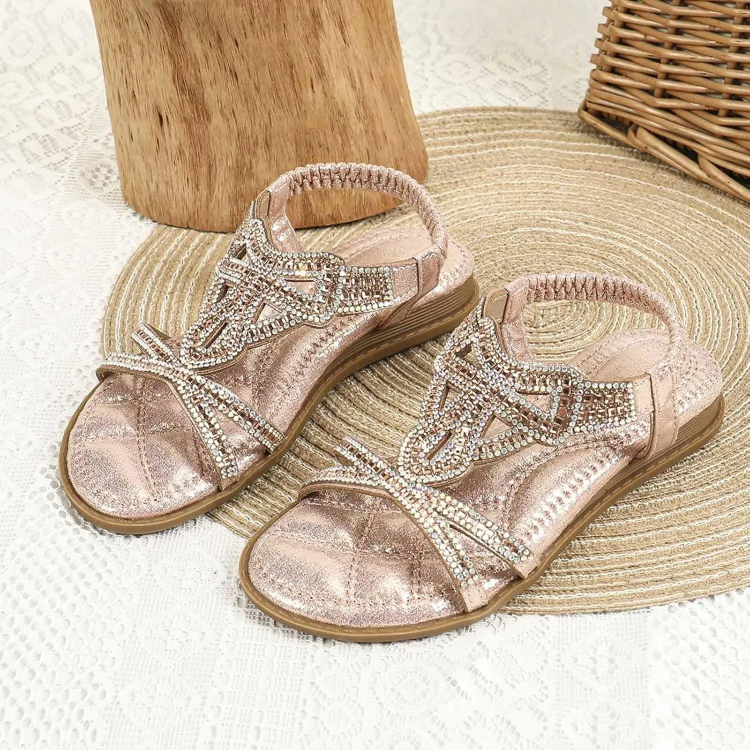 Open Toe Sandals Girls Glitter Beach Shoes Shoes Flat Summer Glitter Boho Comfortable Sandals With Rhinestones