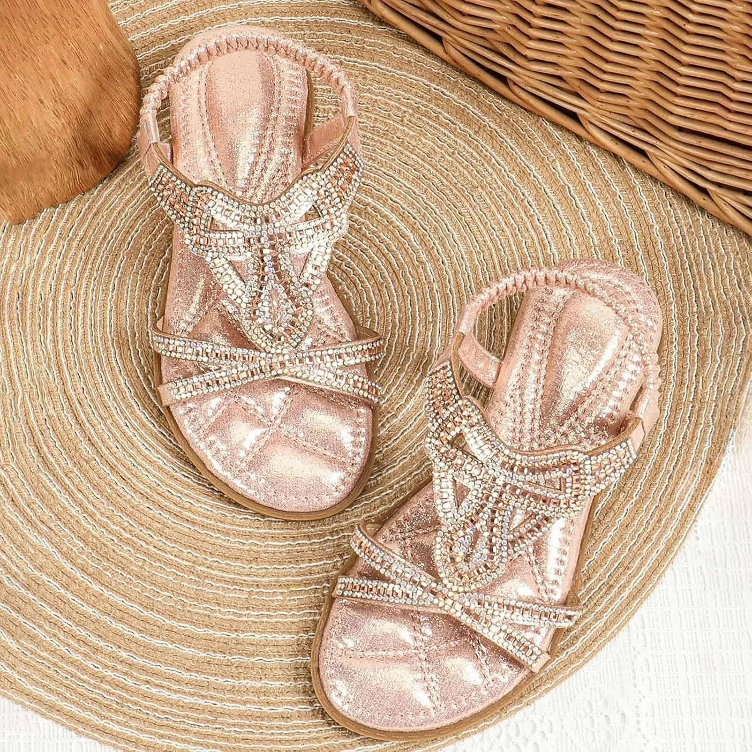 Open Toe Sandals Girls Glitter Beach Shoes Shoes Flat Summer Glitter Boho Comfortable Sandals With Rhinestones