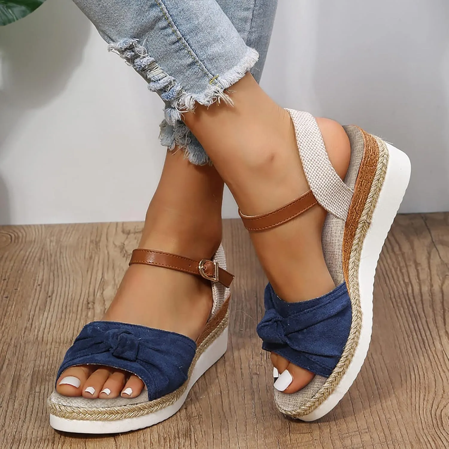 Orthopedic Sandals for Women Dressy Wedge Platform Flat Open Toe Ankle Strap Espadrilles Casual Lightweight Slip on Beach Boho Comfortable Outdoor Shoes Summer