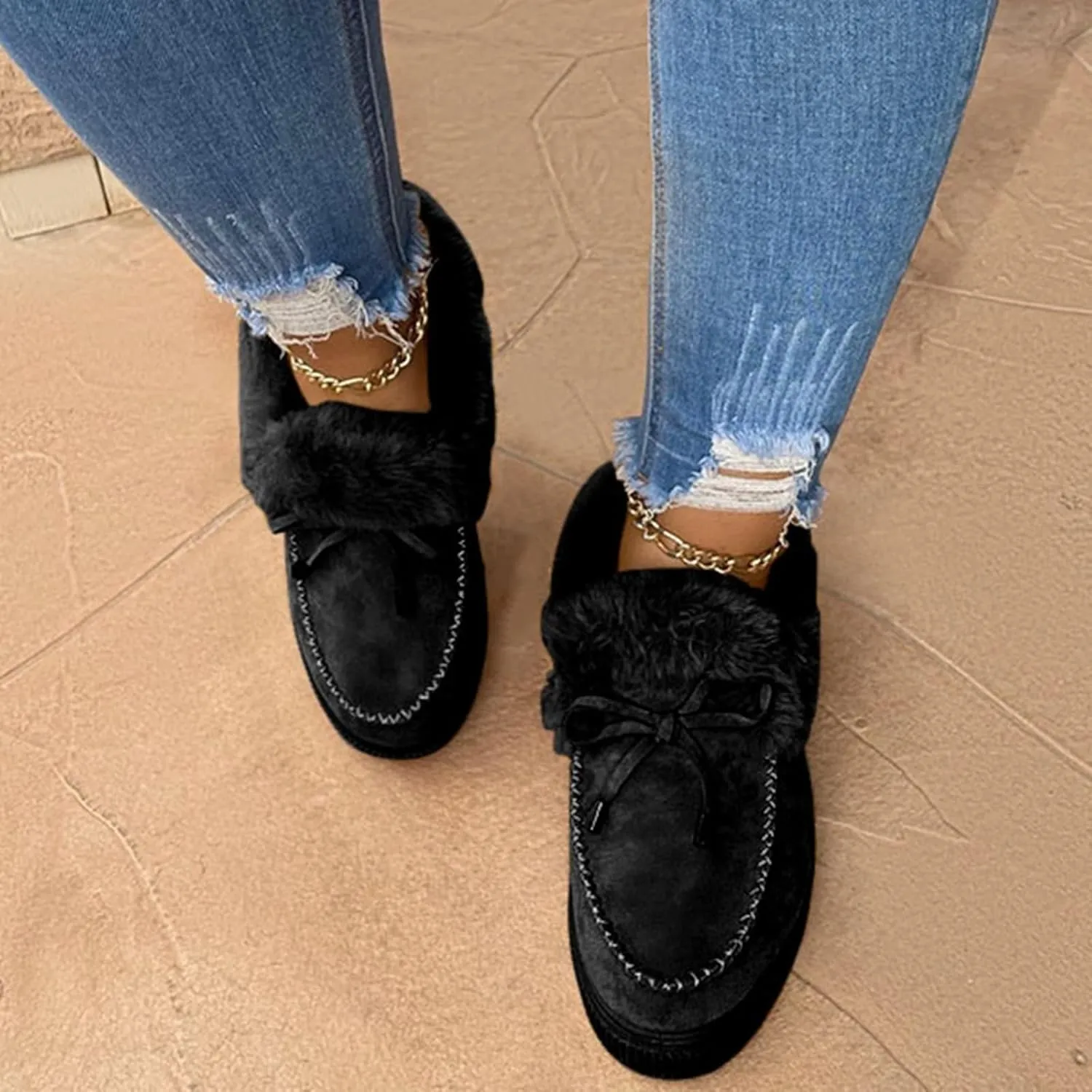 SACFOF Women's Winter Flat Boots Warm Durable Shoes Fur Lining Ankle Snow Boots Loafer Flats Platform Thick Plush Shoes