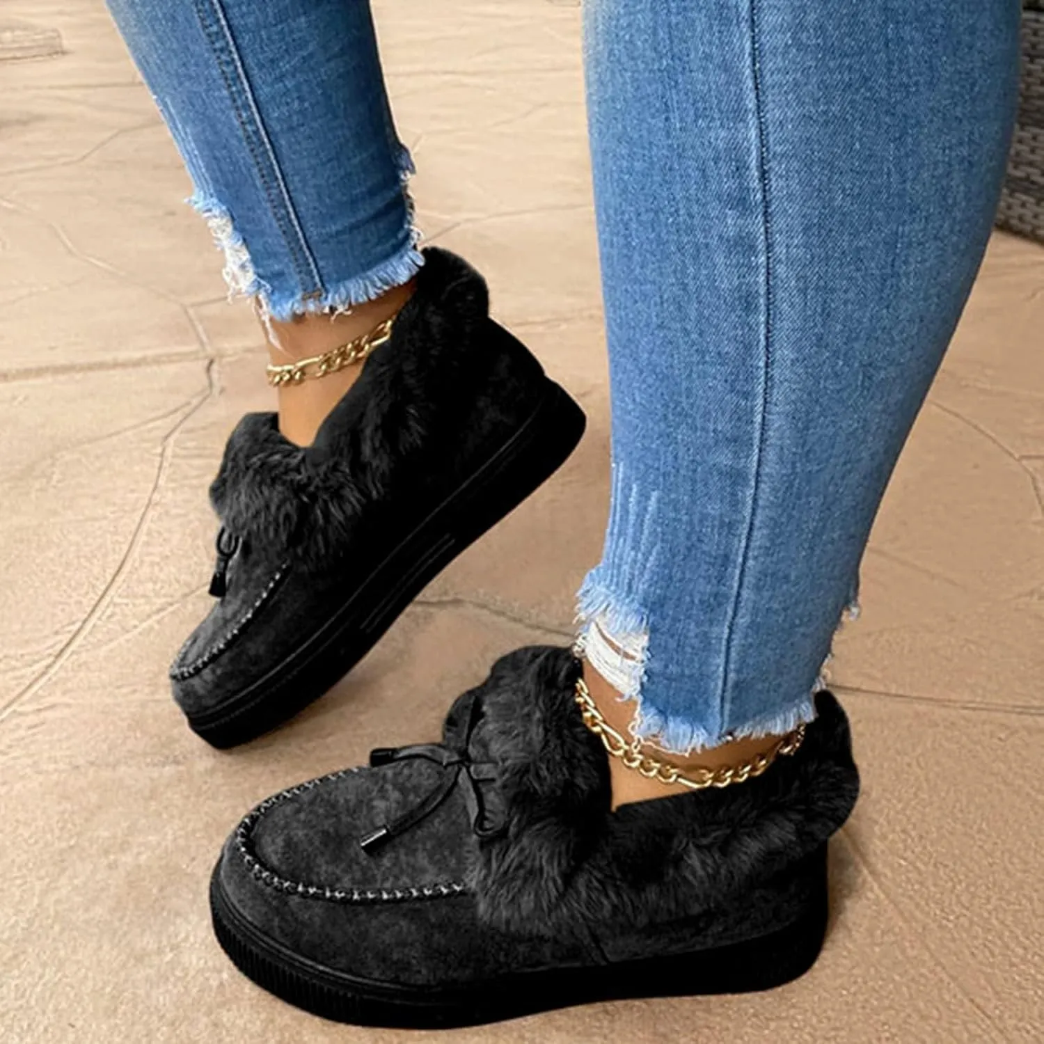 SACFOF Women's Winter Flat Boots Warm Durable Shoes Fur Lining Ankle Snow Boots Loafer Flats Platform Thick Plush Shoes