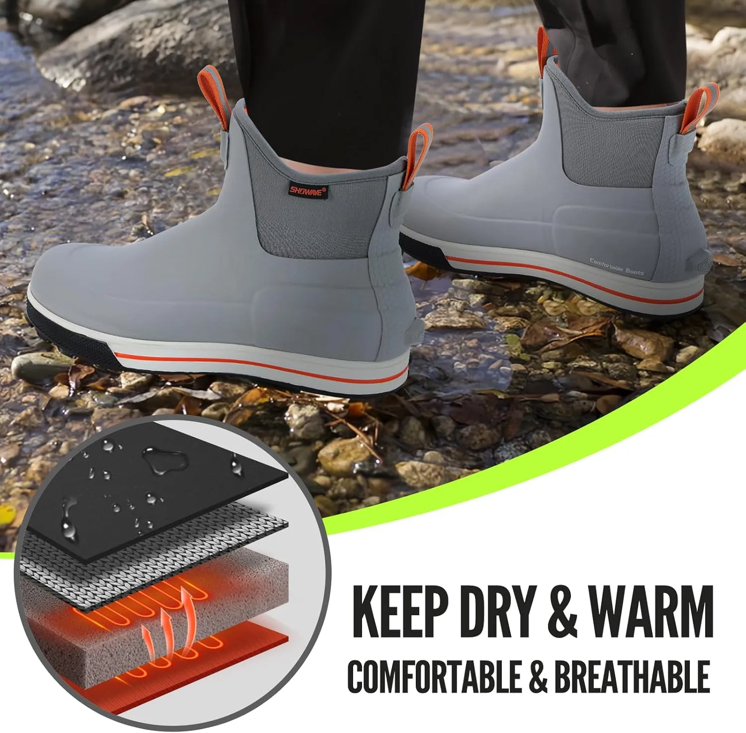 Showave Men's Deck Boots Ankle Waterproof Fishing Boot Non-Silp Work Rain Booties Durable Rubber Footwear Garden Boat Shoes With Ultra Lugs Outsole