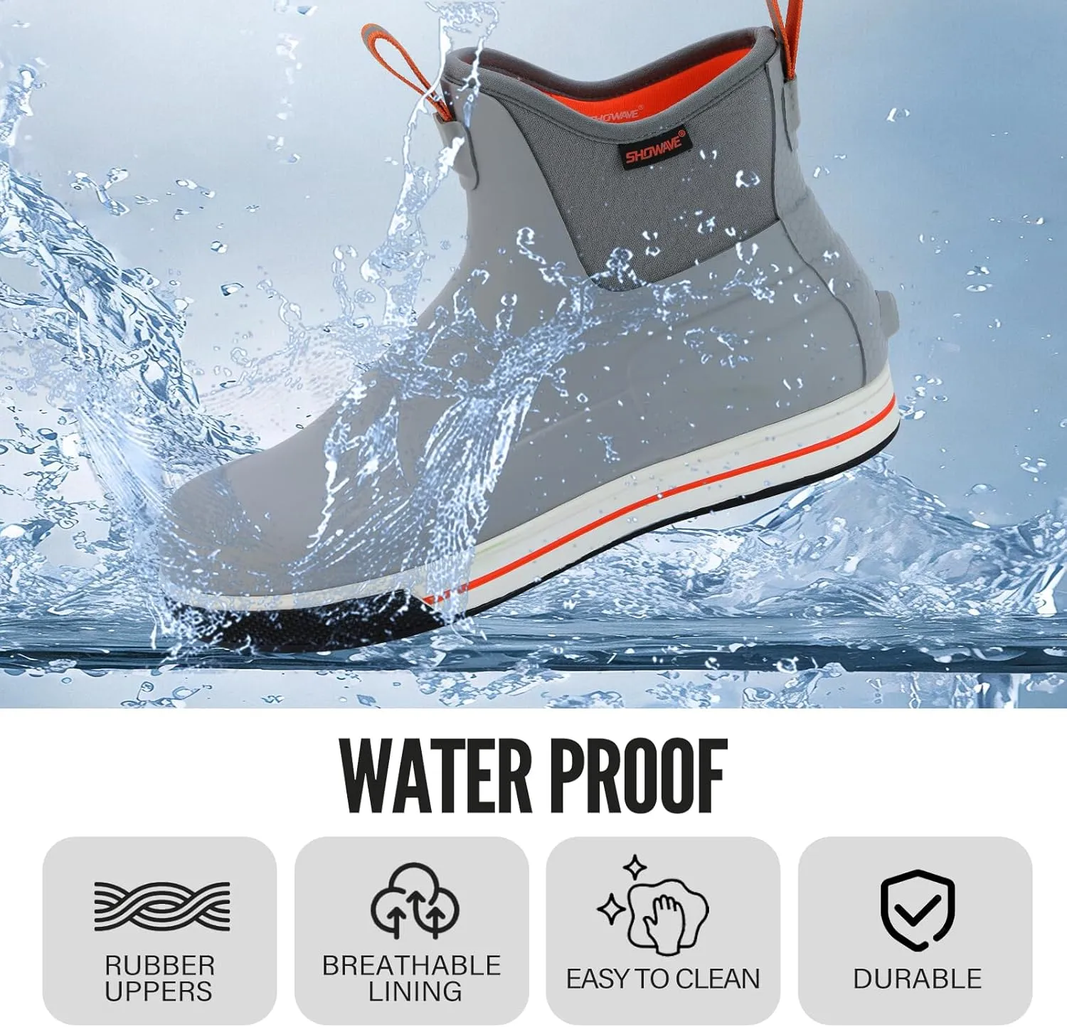 Showave Men's Deck Boots Ankle Waterproof Fishing Boot Non-Silp Work Rain Booties Durable Rubber Footwear Garden Boat Shoes With Ultra Lugs Outsole