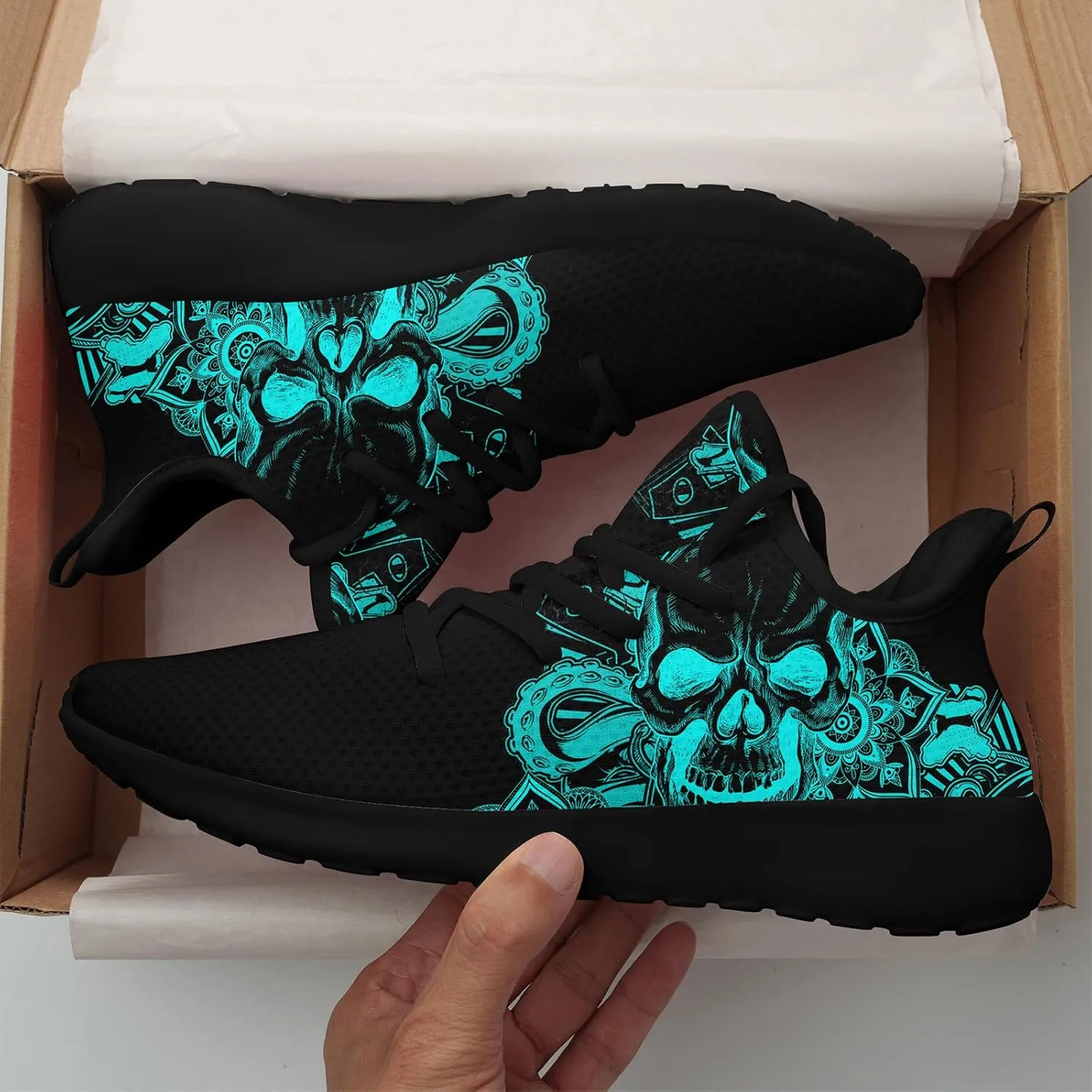 Skull Walking Shoes for Men Mesh Athletic Road Running Shoes Lightweight Breathable Halloween Training Sports Shoes Tennis Walking Sneaker