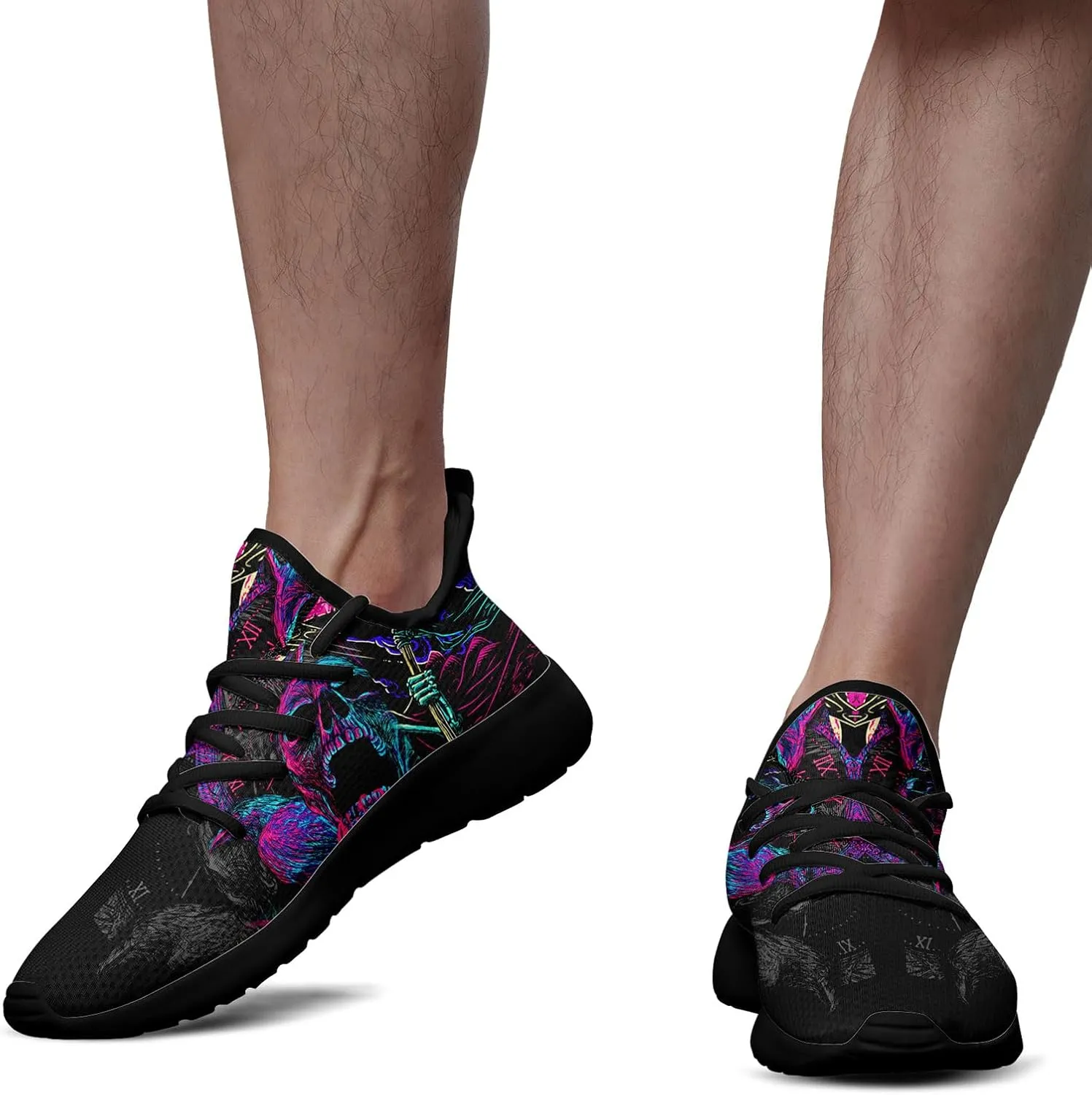 Skull Walking Shoes for Men Mesh Athletic Road Running Shoes Lightweight Breathable Halloween Training Sports Shoes Tennis Walking Sneaker