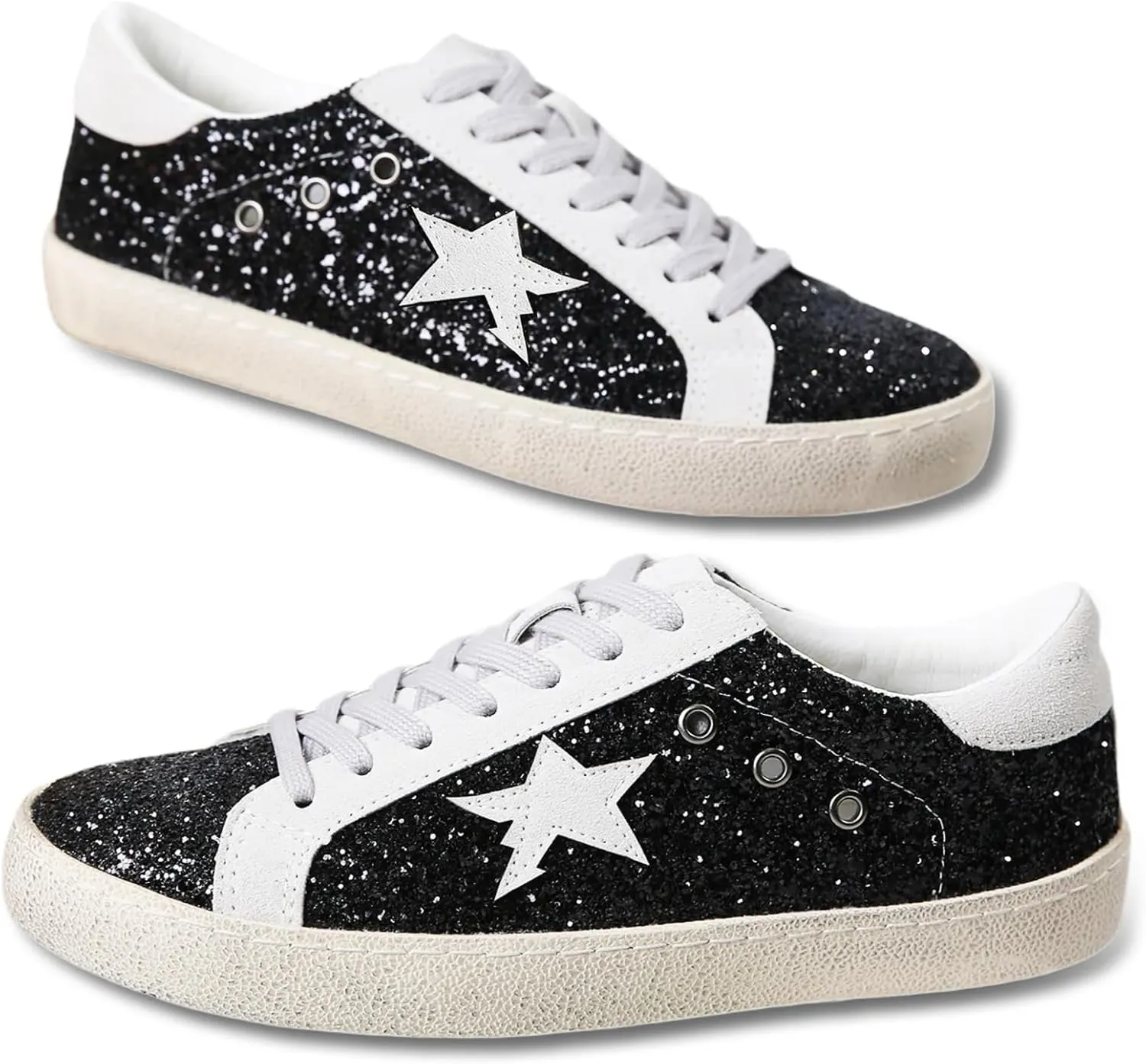Sneakers for Women - Fashion Bling Star Sequins Sneaker - Cushioned Low Top Platform, Rubber Sole Leather Upper Lace Up Walking Shoes - Casual Comfortable Running Sports Shoes