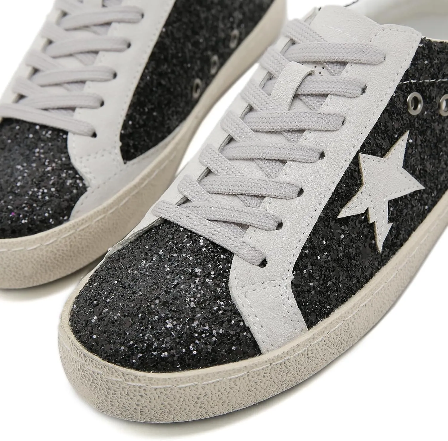 Sneakers for Women - Fashion Bling Star Sequins Sneaker - Cushioned Low Top Platform, Rubber Sole Leather Upper Lace Up Walking Shoes - Casual Comfortable Running Sports Shoes