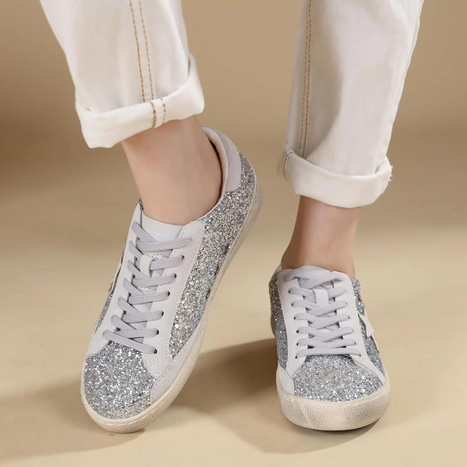 Sneakers for Women - Fashion Bling Star Sequins Sneaker - Cushioned Low Top Platform, Rubber Sole Leather Upper Lace Up Walking Shoes - Casual Comfortable Running Sports Shoes
