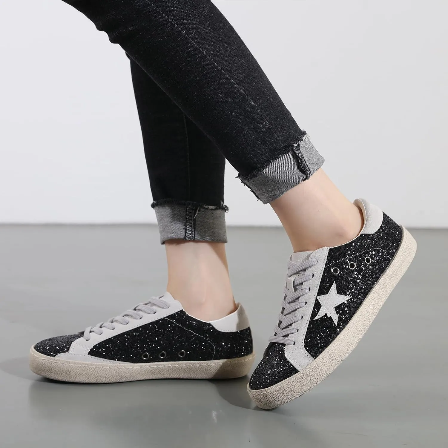 Sneakers for Women - Fashion Bling Star Sequins Sneaker - Cushioned Low Top Platform, Rubber Sole Leather Upper Lace Up Walking Shoes - Casual Comfortable Running Sports Shoes