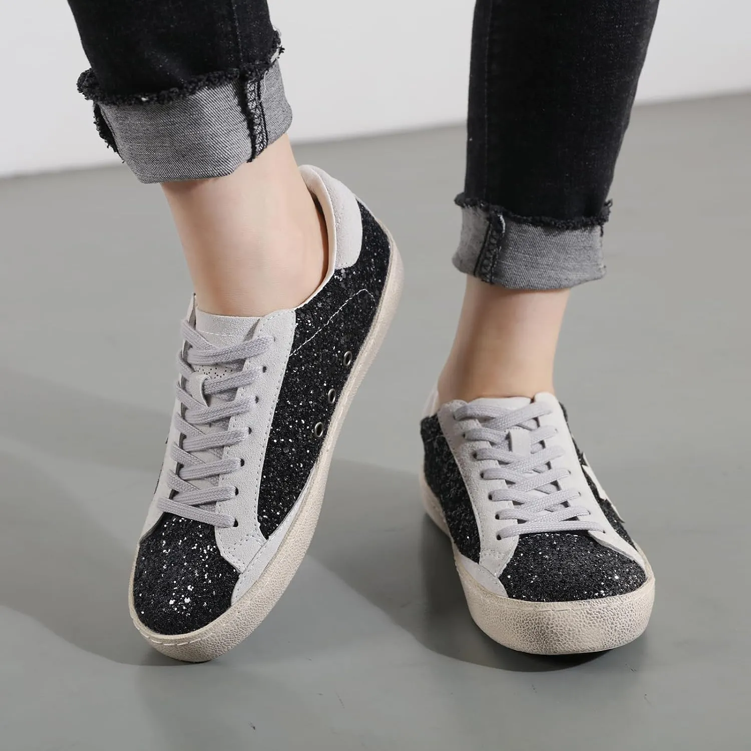 Sneakers for Women - Fashion Bling Star Sequins Sneaker - Cushioned Low Top Platform, Rubber Sole Leather Upper Lace Up Walking Shoes - Casual Comfortable Running Sports Shoes