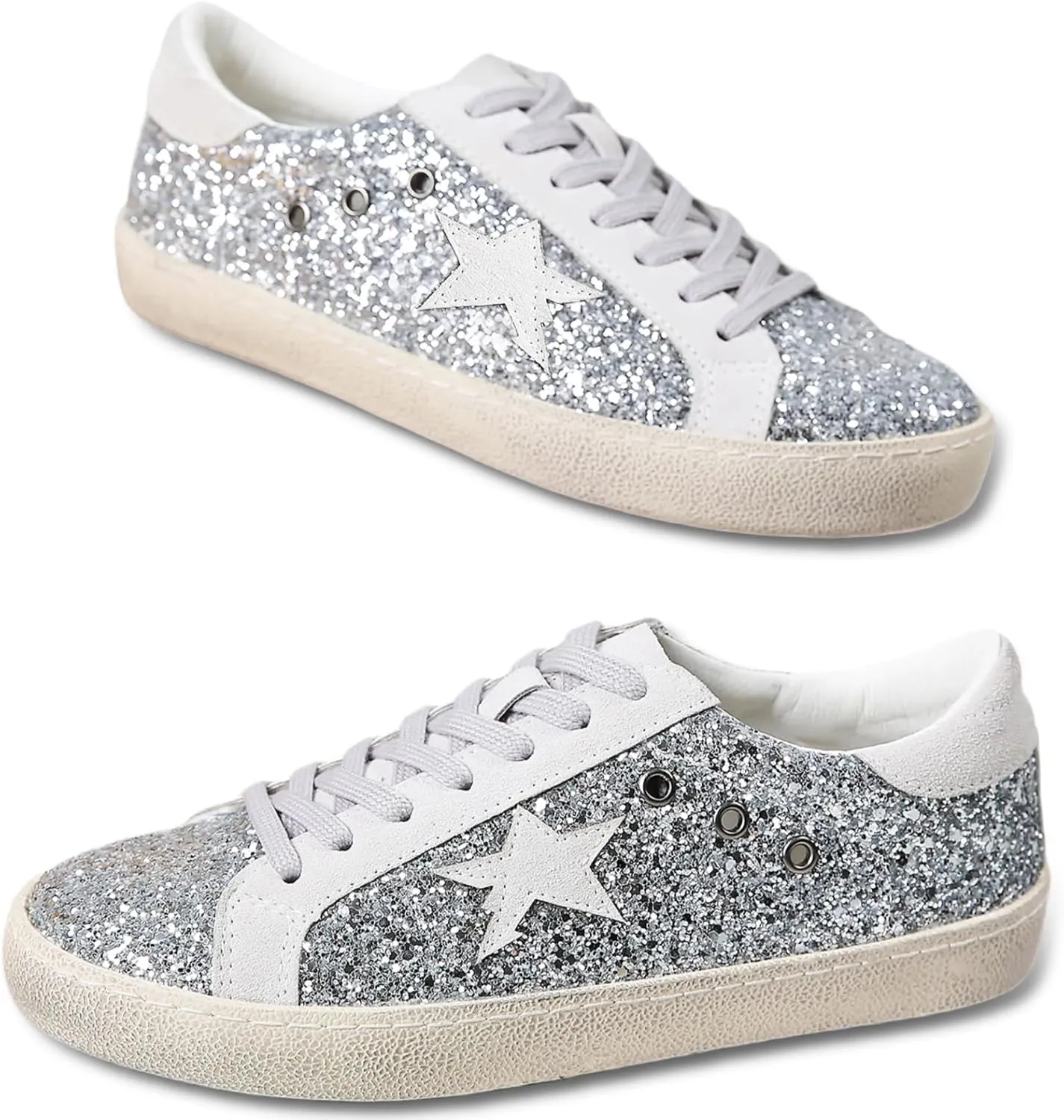 Sneakers for Women - Fashion Bling Star Sequins Sneaker - Cushioned Low Top Platform, Rubber Sole Leather Upper Lace Up Walking Shoes - Casual Comfortable Running Sports Shoes