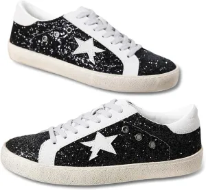 Sneakers for Women - Fashion Bling Star Sequins Sneaker - Cushioned Low Top Platform, Rubber Sole Leather Upper Lace Up Walking Shoes - Casual Comfortable Running Sports Shoes