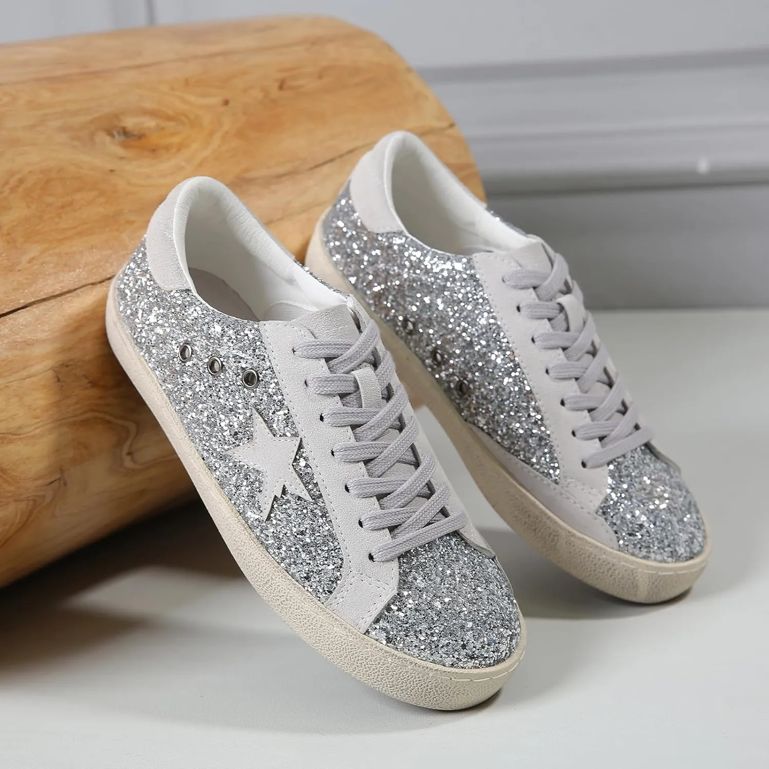 Sneakers for Women - Fashion Bling Star Sequins Sneaker - Cushioned Low Top Platform, Rubber Sole Leather Upper Lace Up Walking Shoes - Casual Comfortable Running Sports Shoes