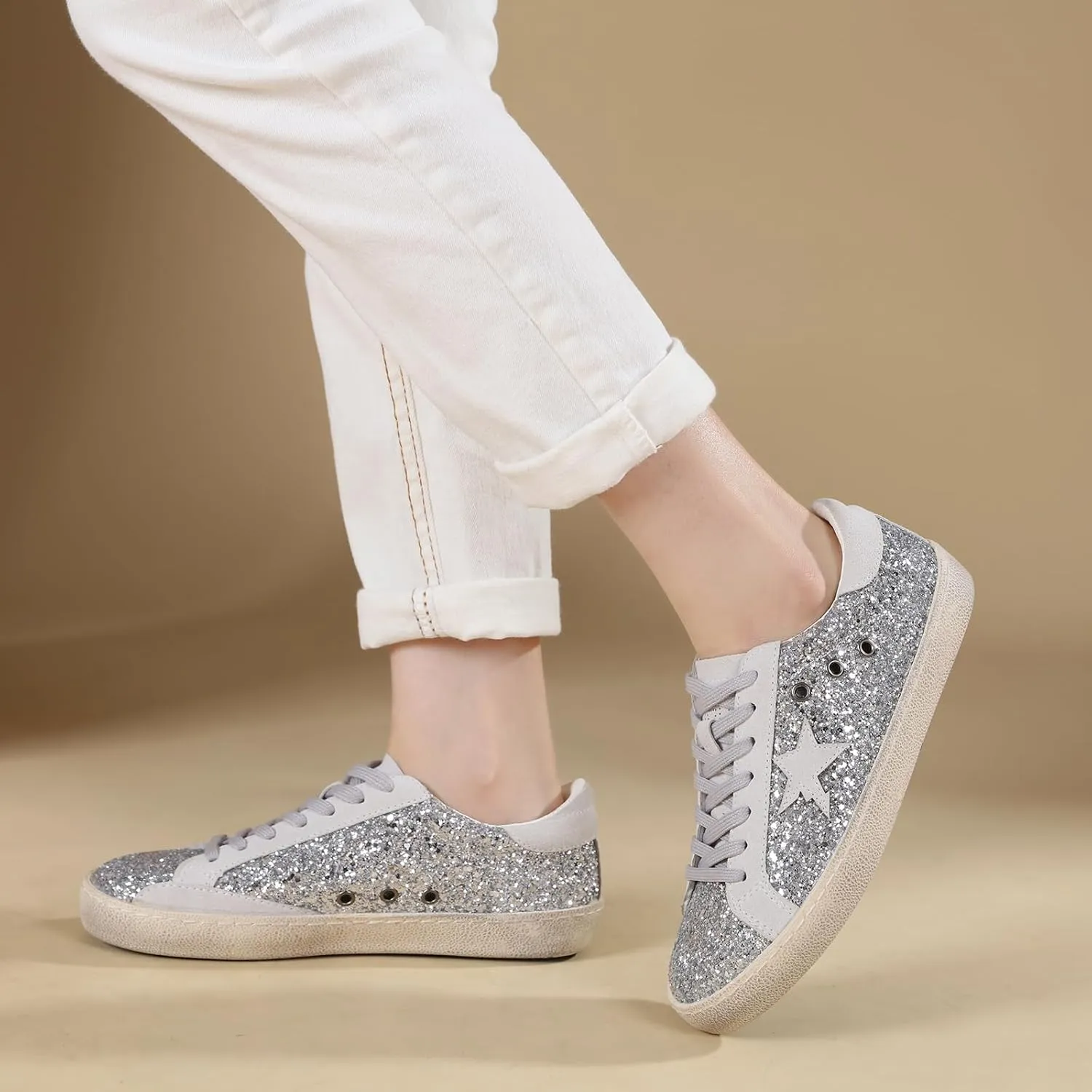 Sneakers for Women - Fashion Bling Star Sequins Sneaker - Cushioned Low Top Platform, Rubber Sole Leather Upper Lace Up Walking Shoes - Casual Comfortable Running Sports Shoes