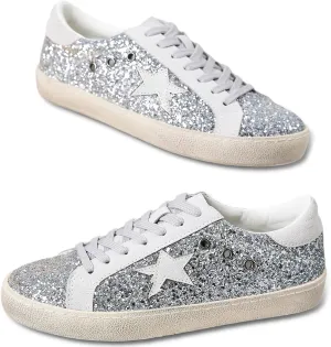 Sneakers for Women - Fashion Bling Star Sequins Sneaker - Cushioned Low Top Platform, Rubber Sole Leather Upper Lace Up Walking Shoes - Casual Comfortable Running Sports Shoes