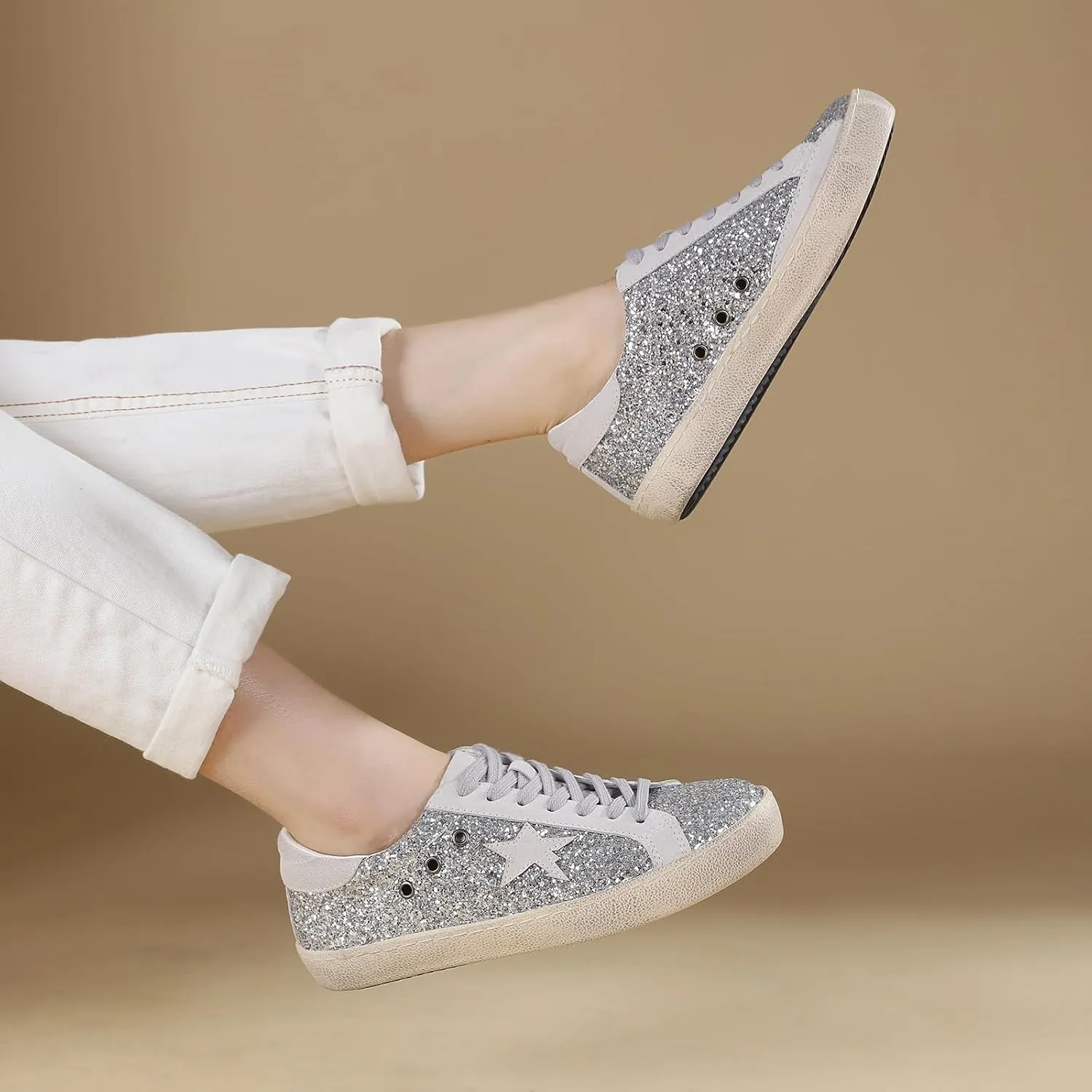 Sneakers for Women - Fashion Bling Star Sequins Sneaker - Cushioned Low Top Platform, Rubber Sole Leather Upper Lace Up Walking Shoes - Casual Comfortable Running Sports Shoes