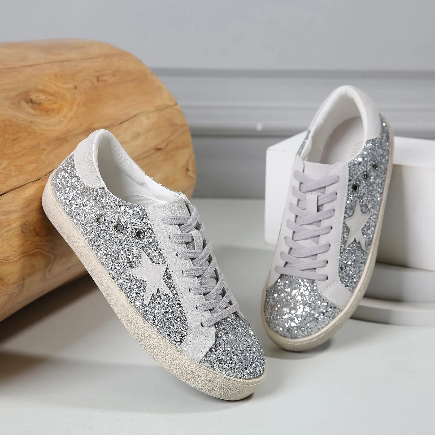 Sneakers for Women - Fashion Bling Star Sequins Sneaker - Cushioned Low Top Platform, Rubber Sole Leather Upper Lace Up Walking Shoes - Casual Comfortable Running Sports Shoes