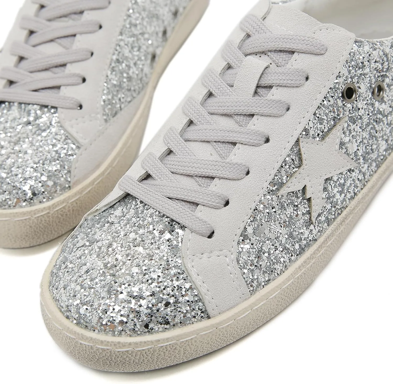 Sneakers for Women - Fashion Bling Star Sequins Sneaker - Cushioned Low Top Platform, Rubber Sole Leather Upper Lace Up Walking Shoes - Casual Comfortable Running Sports Shoes