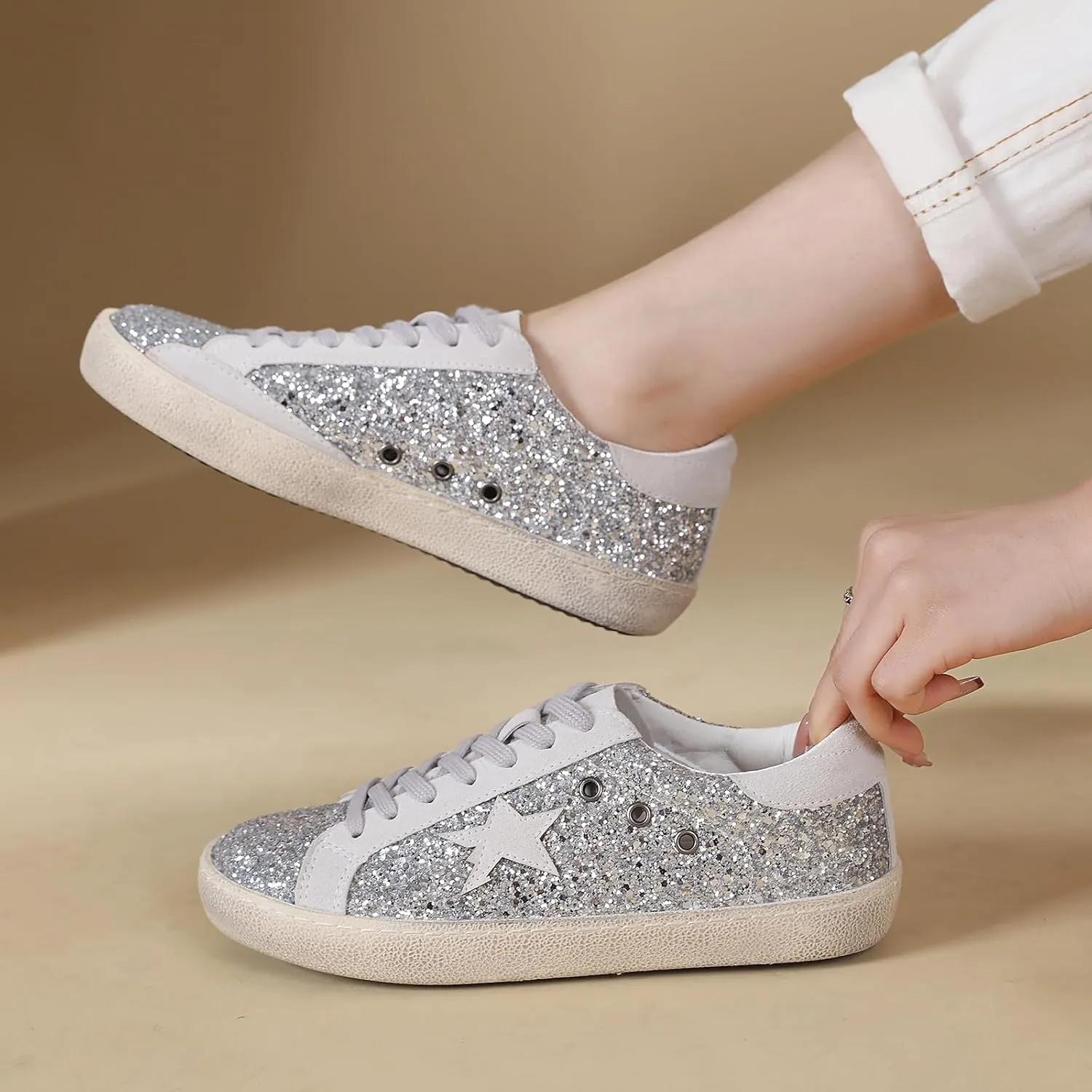 Sneakers for Women - Fashion Bling Star Sequins Sneaker - Cushioned Low Top Platform, Rubber Sole Leather Upper Lace Up Walking Shoes - Casual Comfortable Running Sports Shoes