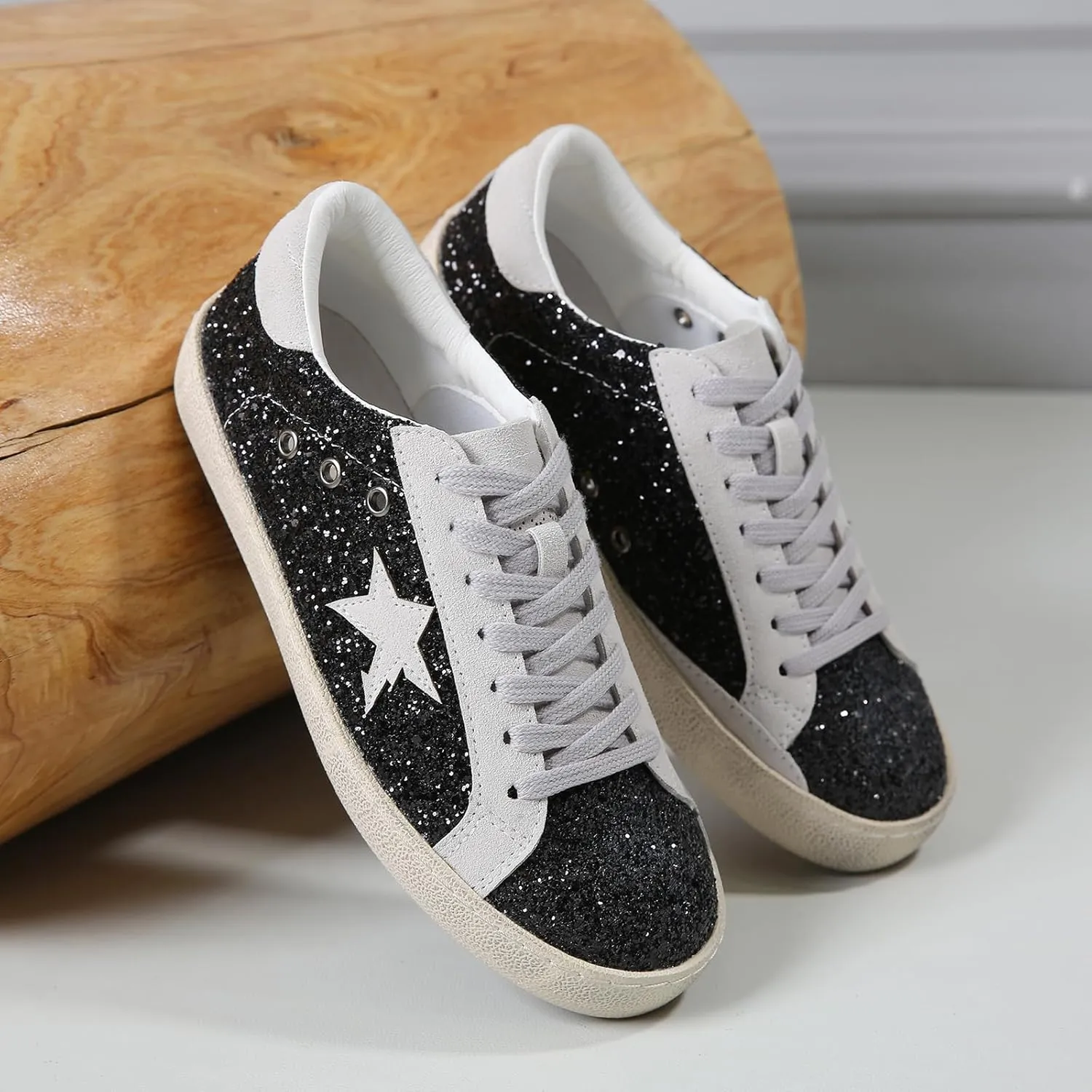 Sneakers for Women - Fashion Bling Star Sequins Sneaker - Cushioned Low Top Platform, Rubber Sole Leather Upper Lace Up Walking Shoes - Casual Comfortable Running Sports Shoes