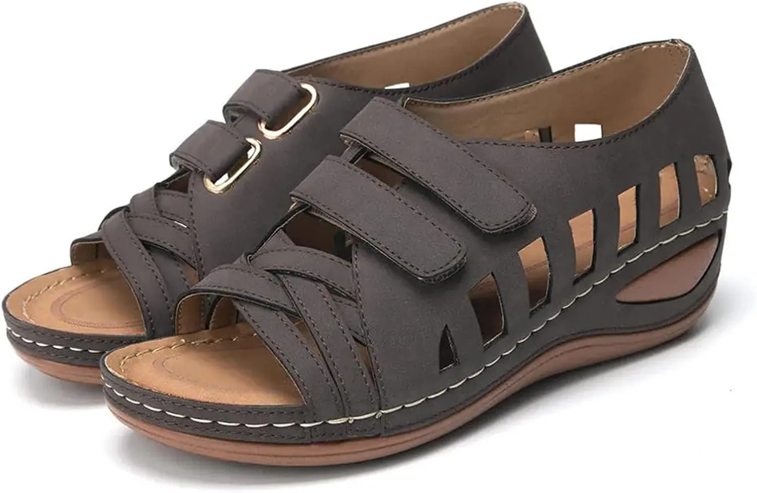 Strappy Sandals for Women Open Toe Fish Mouth Shoes Slip-On Arch Support Sandals Fisherman Hollow Out Walking Sandal Summer Magic Tape Strap Breathable Sneakers