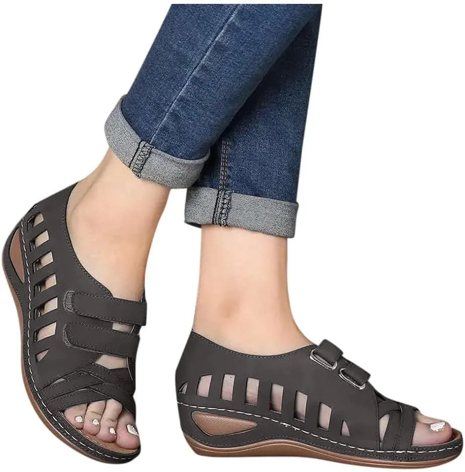 Strappy Sandals for Women Open Toe Fish Mouth Shoes Slip-On Arch Support Sandals Fisherman Hollow Out Walking Sandal Summer Magic Tape Strap Breathable Sneakers