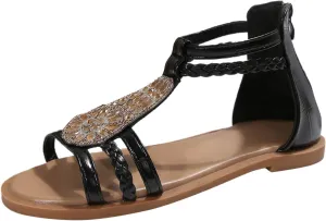 Stylish Women's Sandals Comfortable Open Toe Flat Sandals with Rhinestone Decoration Slip On Design for Casual