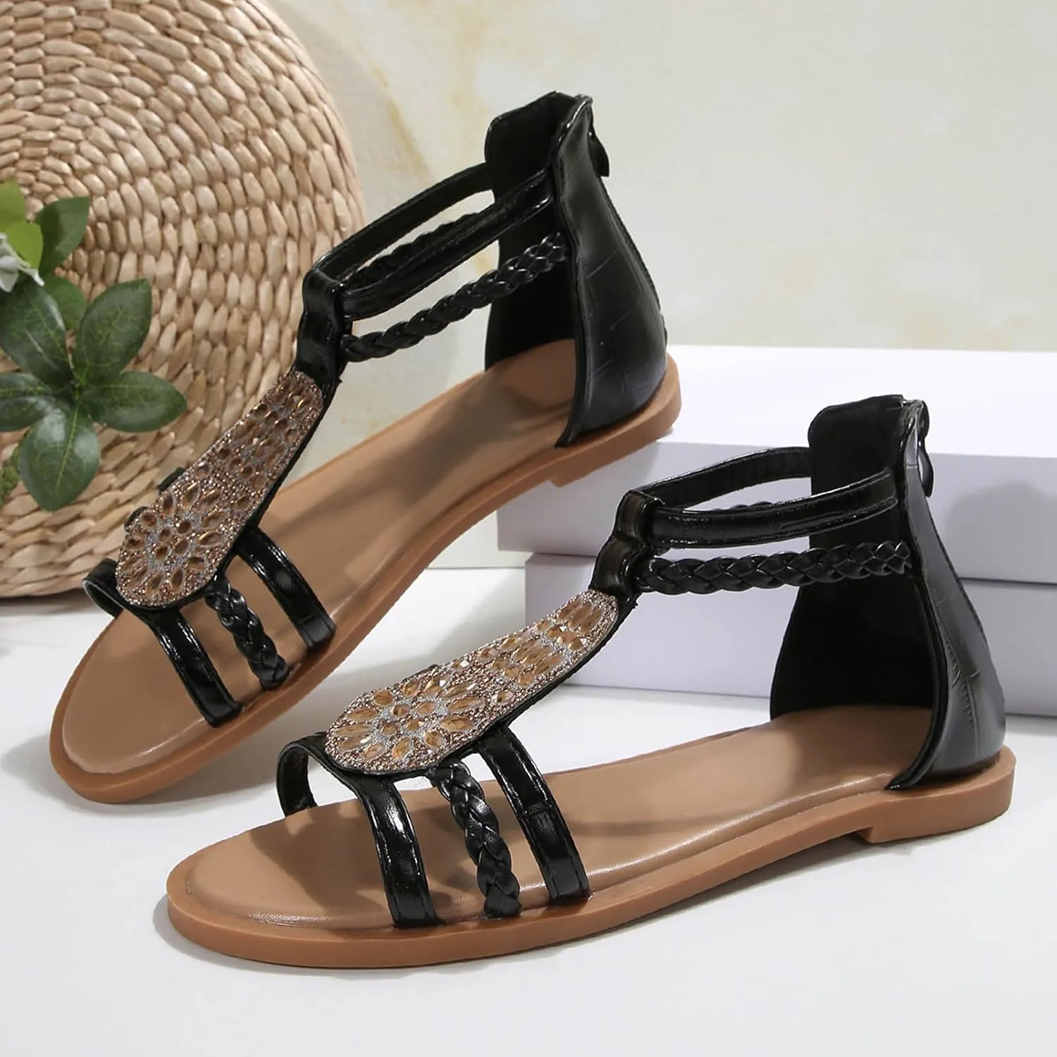 Stylish Women's Sandals Comfortable Open Toe Flat Sandals with Rhinestone Decoration Slip On Design for Casual