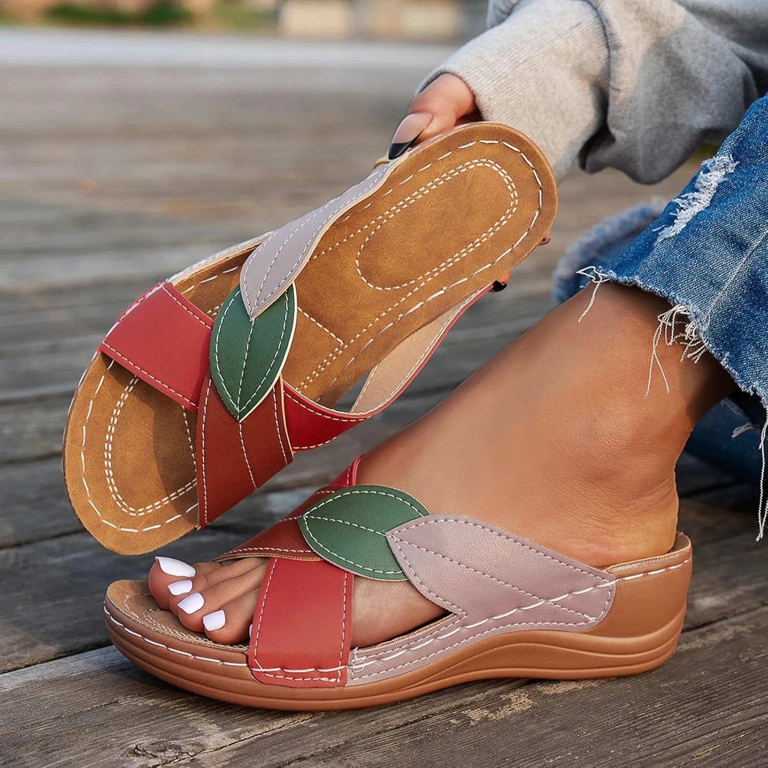 SuanlaTDS Orthopedic Wedge Sandals for Women 2025 Summer Dressy Arch Support Crisscross Open Toe Platform Boho Slip On Slides Beach Dress Shoes Comfortable Low Heels Wedges Slide Sandal