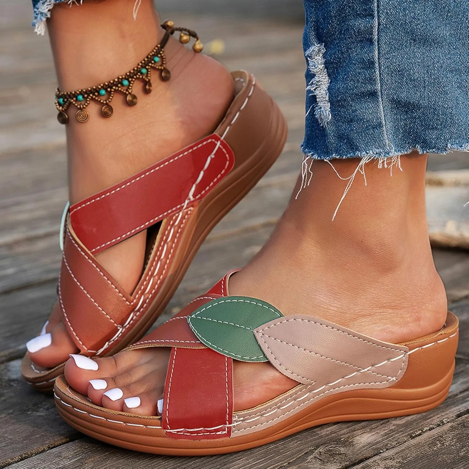 SuanlaTDS Orthopedic Wedge Sandals for Women 2025 Summer Dressy Arch Support Crisscross Open Toe Platform Boho Slip On Slides Beach Dress Shoes Comfortable Low Heels Wedges Slide Sandal