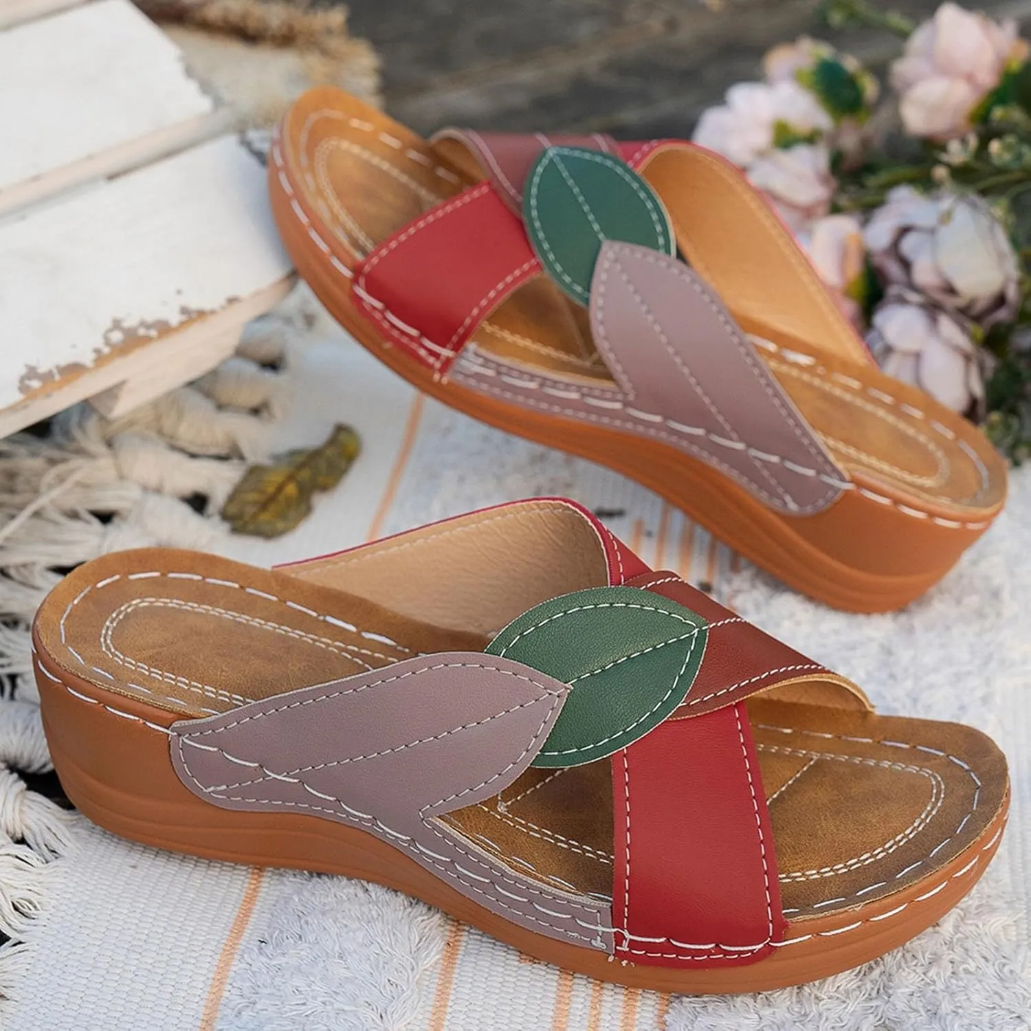SuanlaTDS Orthopedic Wedge Sandals for Women 2025 Summer Dressy Arch Support Crisscross Open Toe Platform Boho Slip On Slides Beach Dress Shoes Comfortable Low Heels Wedges Slide Sandal
