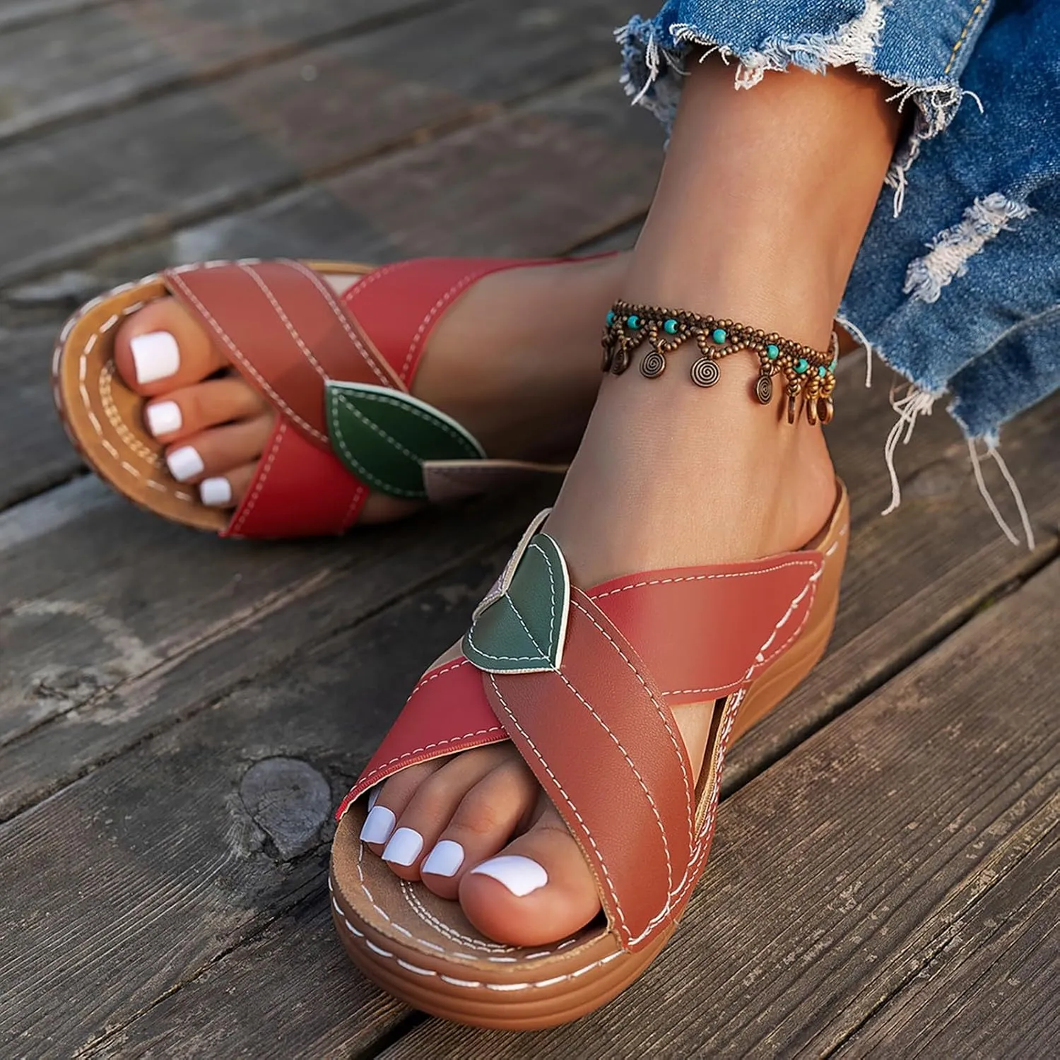 SuanlaTDS Orthopedic Wedge Sandals for Women 2025 Summer Dressy Arch Support Crisscross Open Toe Platform Boho Slip On Slides Beach Dress Shoes Comfortable Low Heels Wedges Slide Sandal