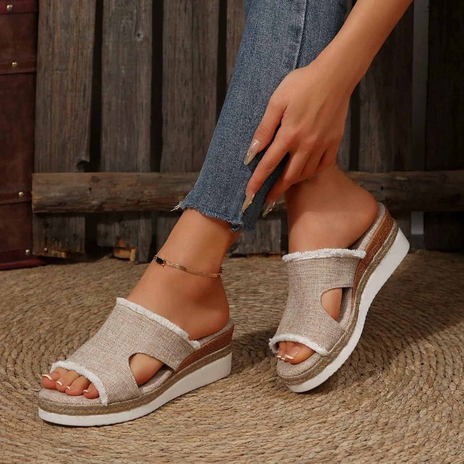 SuanlaTDS Wedge Sandals for Women Summer Dressy Open Toe Platform Low Wedges Espadrilles Slip On Slide Sandals Beach Dress Shoes Comfortable Casual Outdoor Bohemian Slippers