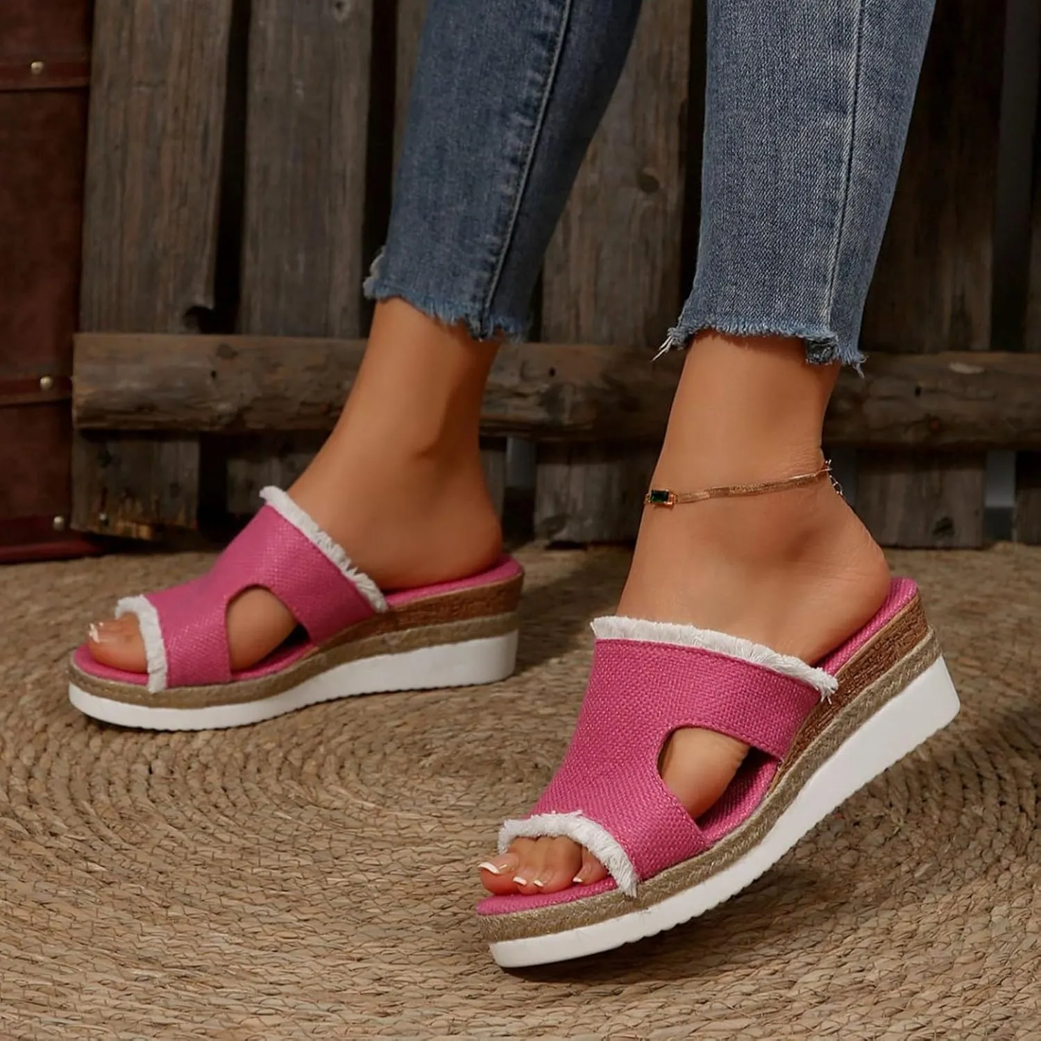 SuanlaTDS Wedge Sandals for Women Summer Dressy Open Toe Platform Low Wedges Espadrilles Slip On Slide Sandals Beach Dress Shoes Comfortable Casual Outdoor Bohemian Slippers