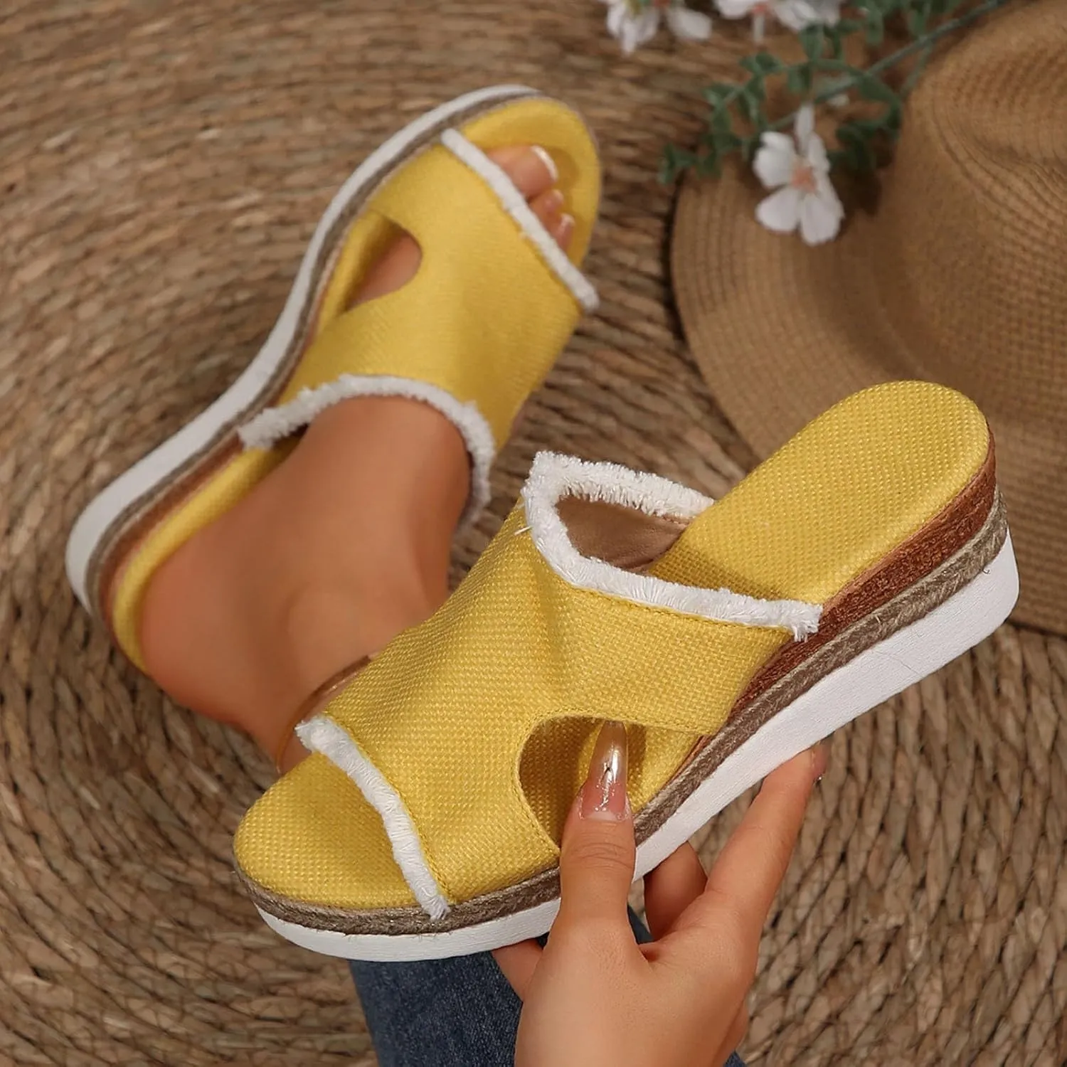 SuanlaTDS Wedge Sandals for Women Summer Dressy Open Toe Platform Low Wedges Espadrilles Slip On Slide Sandals Beach Dress Shoes Comfortable Casual Outdoor Bohemian Slippers