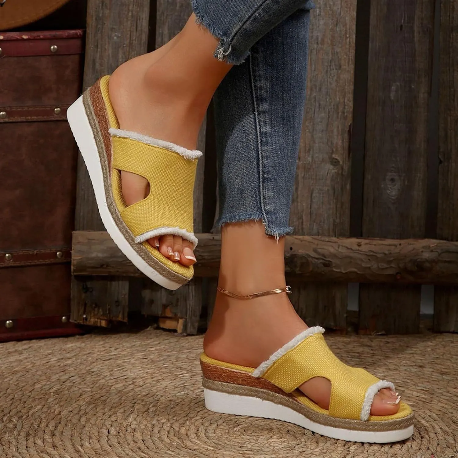 SuanlaTDS Wedge Sandals for Women Summer Dressy Open Toe Platform Low Wedges Espadrilles Slip On Slide Sandals Beach Dress Shoes Comfortable Casual Outdoor Bohemian Slippers