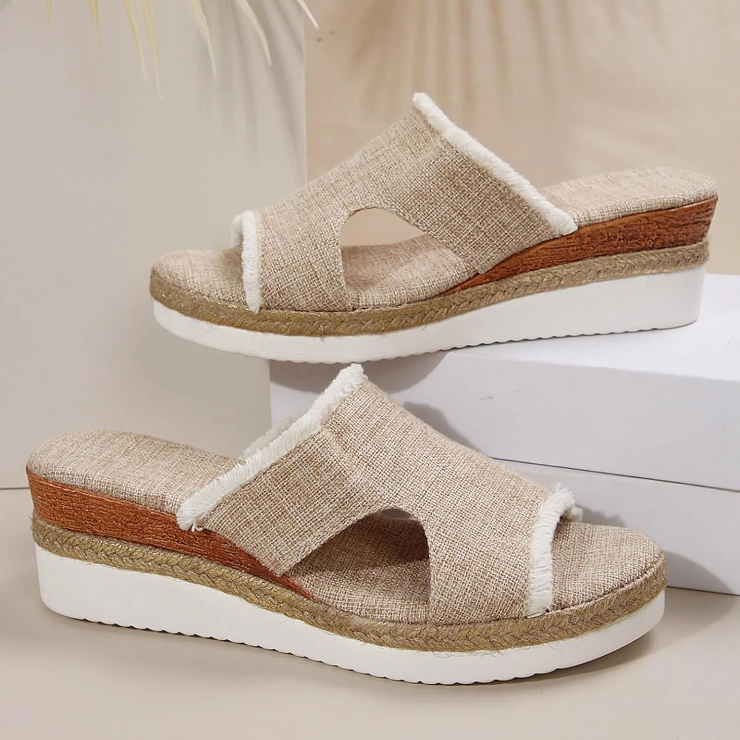 SuanlaTDS Wedge Sandals for Women Summer Dressy Open Toe Platform Low Wedges Espadrilles Slip On Slide Sandals Beach Dress Shoes Comfortable Casual Outdoor Bohemian Slippers