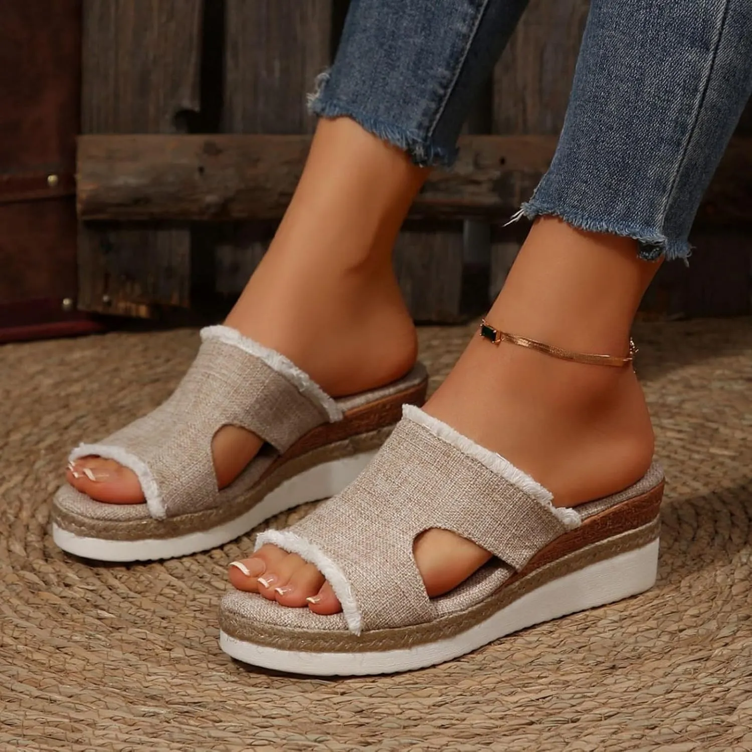 SuanlaTDS Wedge Sandals for Women Summer Dressy Open Toe Platform Low Wedges Espadrilles Slip On Slide Sandals Beach Dress Shoes Comfortable Casual Outdoor Bohemian Slippers