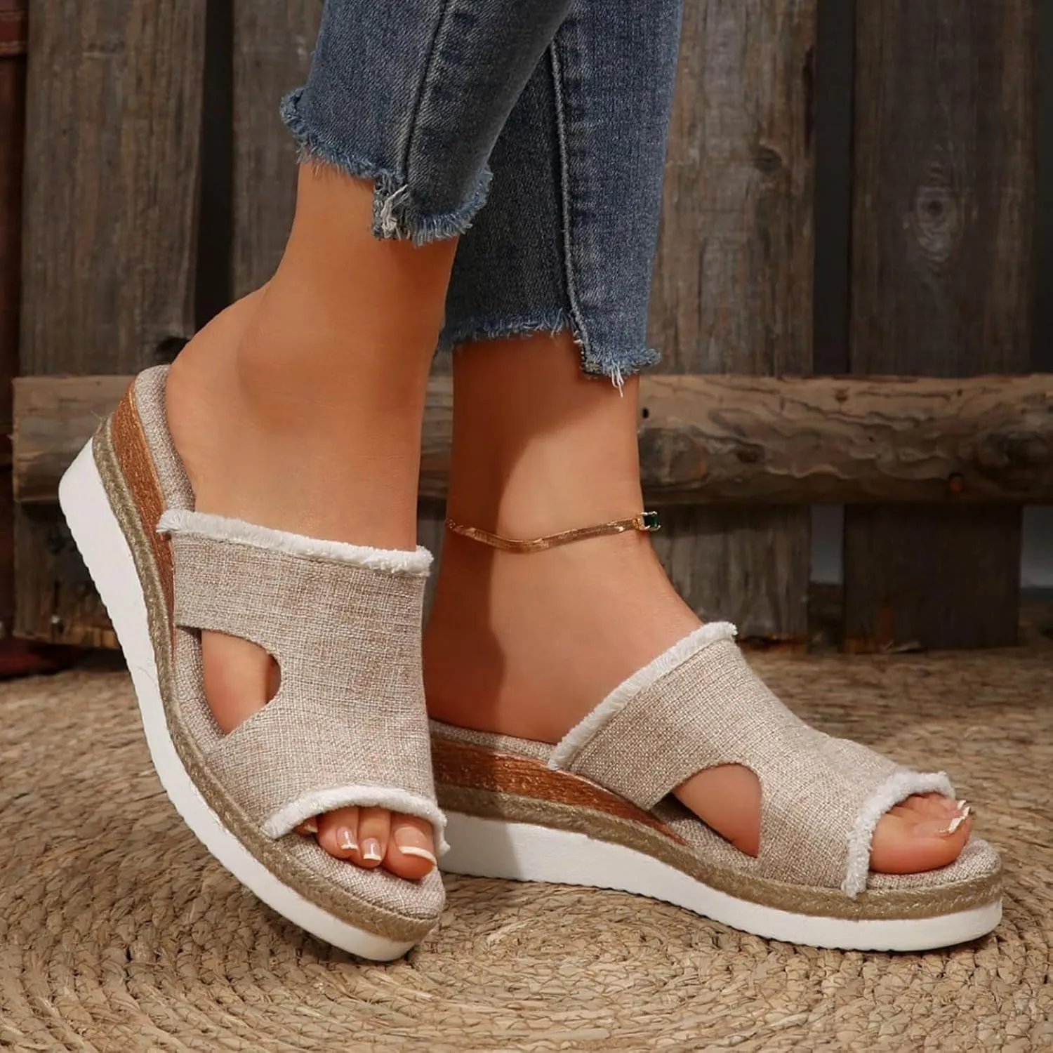 SuanlaTDS Wedge Sandals for Women Summer Dressy Open Toe Platform Low Wedges Espadrilles Slip On Slide Sandals Beach Dress Shoes Comfortable Casual Outdoor Bohemian Slippers