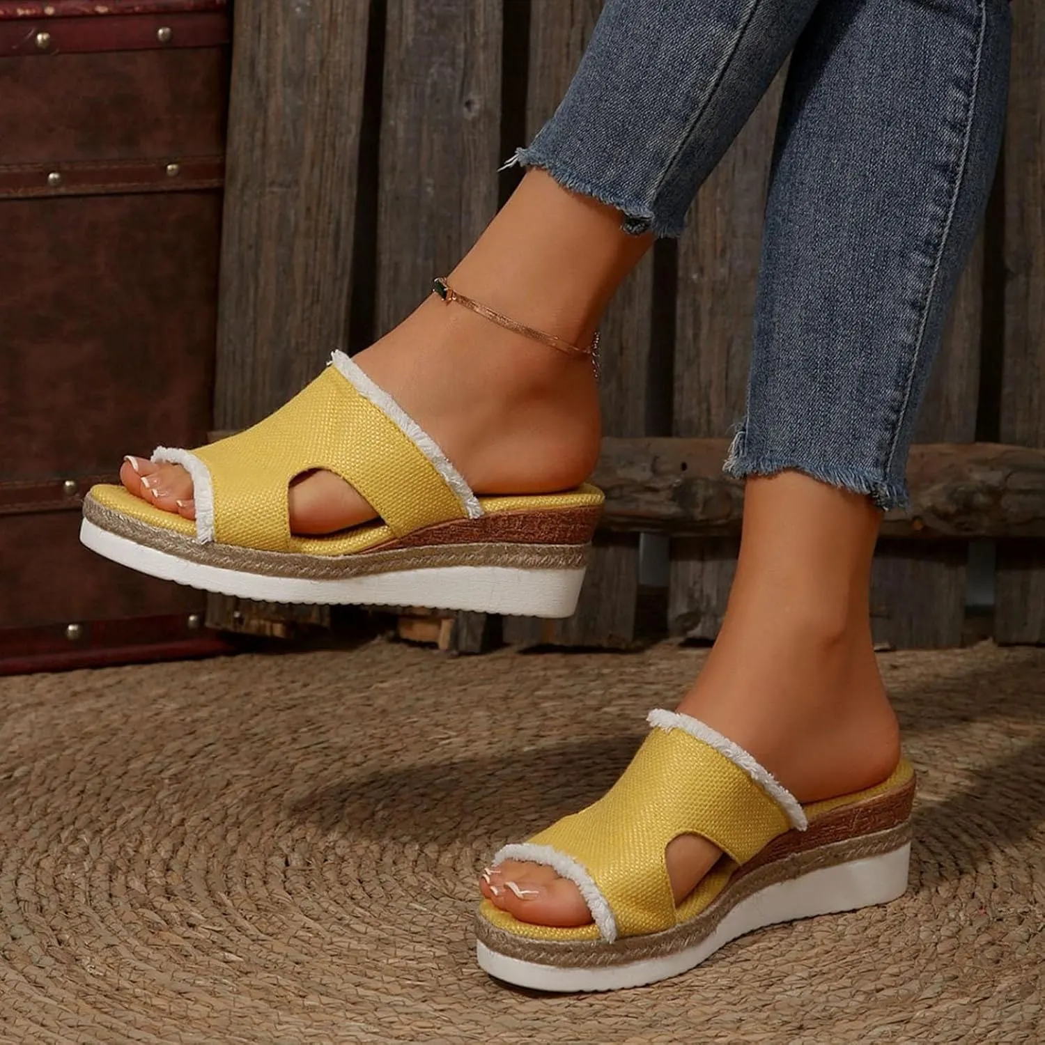 SuanlaTDS Wedge Sandals for Women Summer Dressy Open Toe Platform Low Wedges Espadrilles Slip On Slide Sandals Beach Dress Shoes Comfortable Casual Outdoor Bohemian Slippers