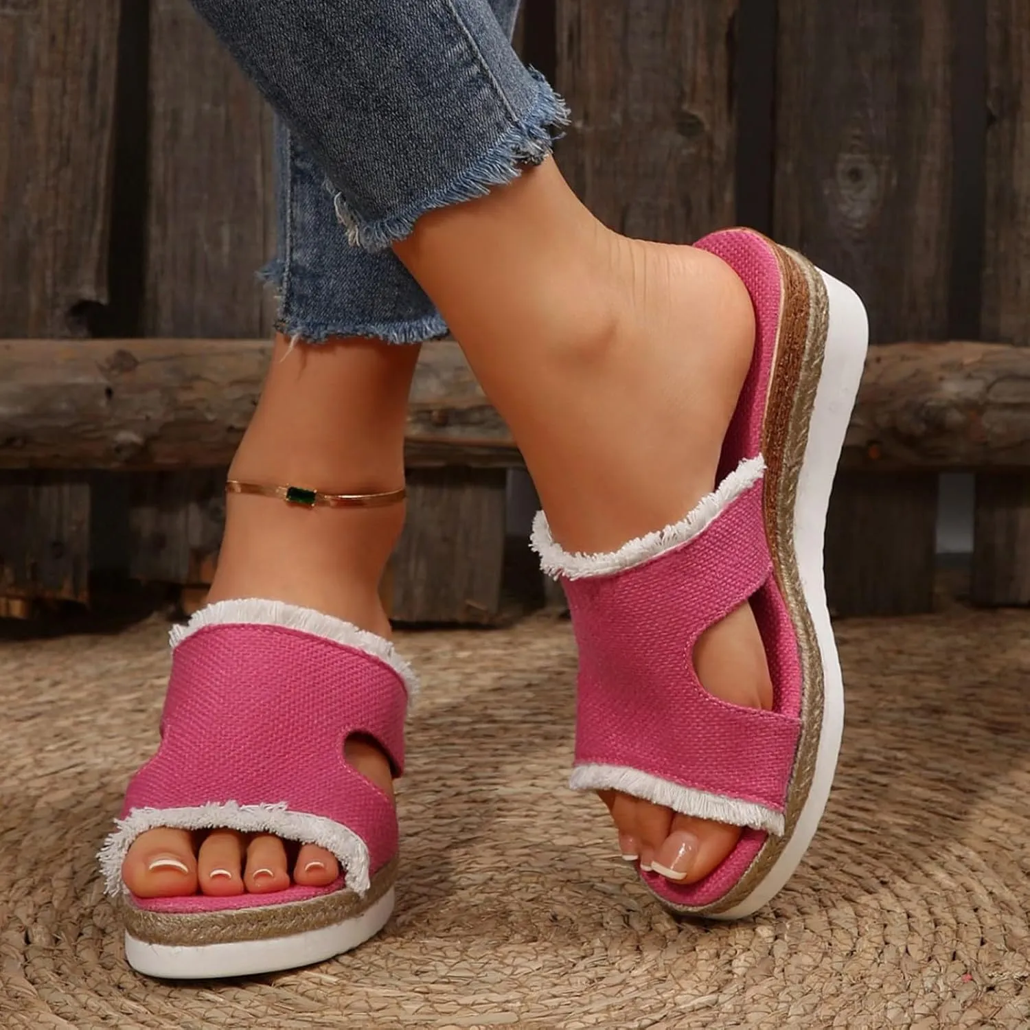 SuanlaTDS Wedge Sandals for Women Summer Dressy Open Toe Platform Low Wedges Espadrilles Slip On Slide Sandals Beach Dress Shoes Comfortable Casual Outdoor Bohemian Slippers