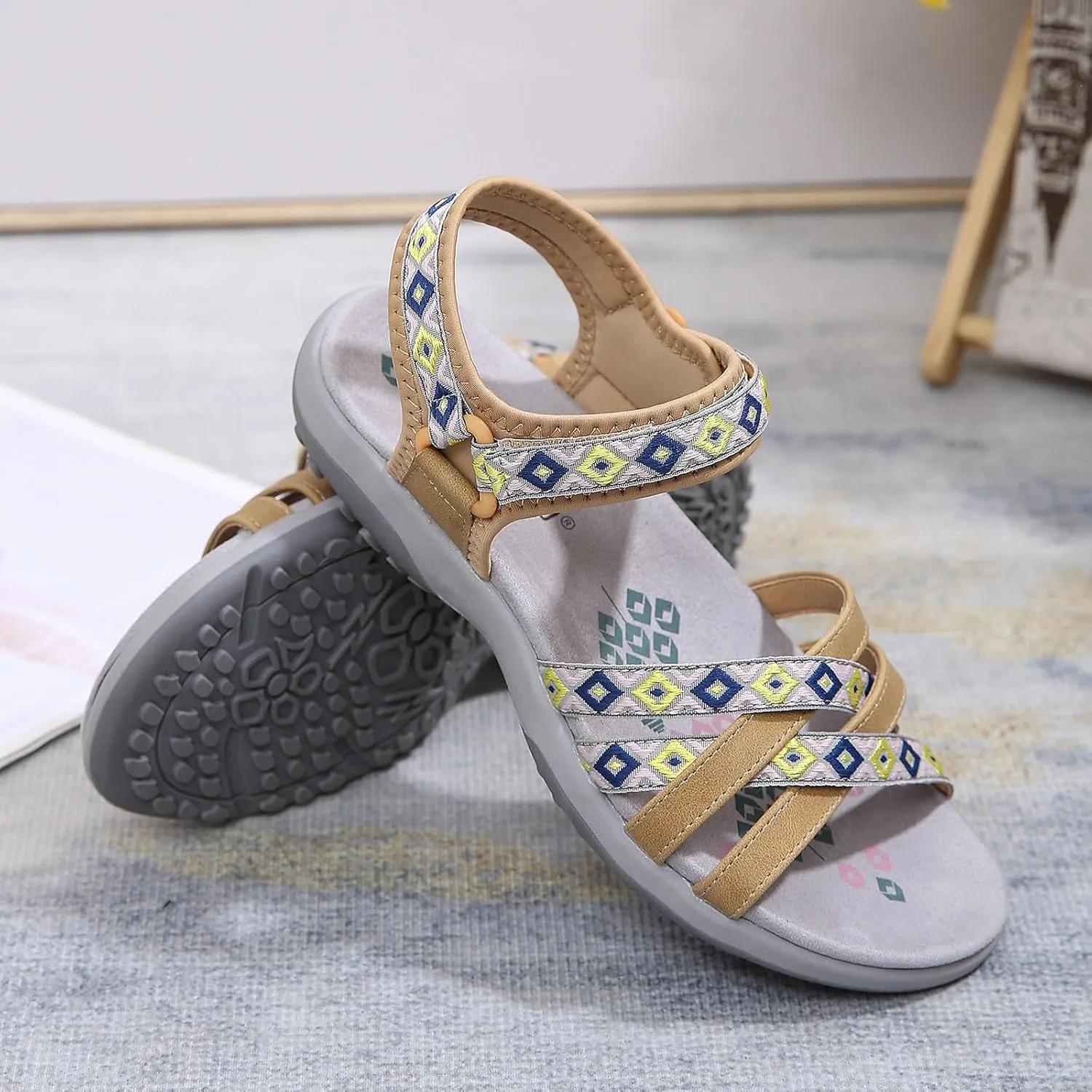 SuanlaTDS Womens Flat Sandals Comfortable Arch Support Wedge Low Heels Orthopedic Sandals Lightweight Summer Beach Boho Platform Adjustable Ankle Strap Wedges Outdoor Walking Shoes
