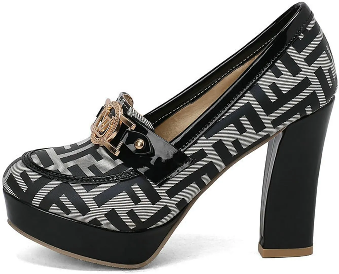 TNXZ Women Chunky Block High Heel Pumps Round Toe, Slip On Dress Loafers Leather Patchwork for Ladies Girls Office