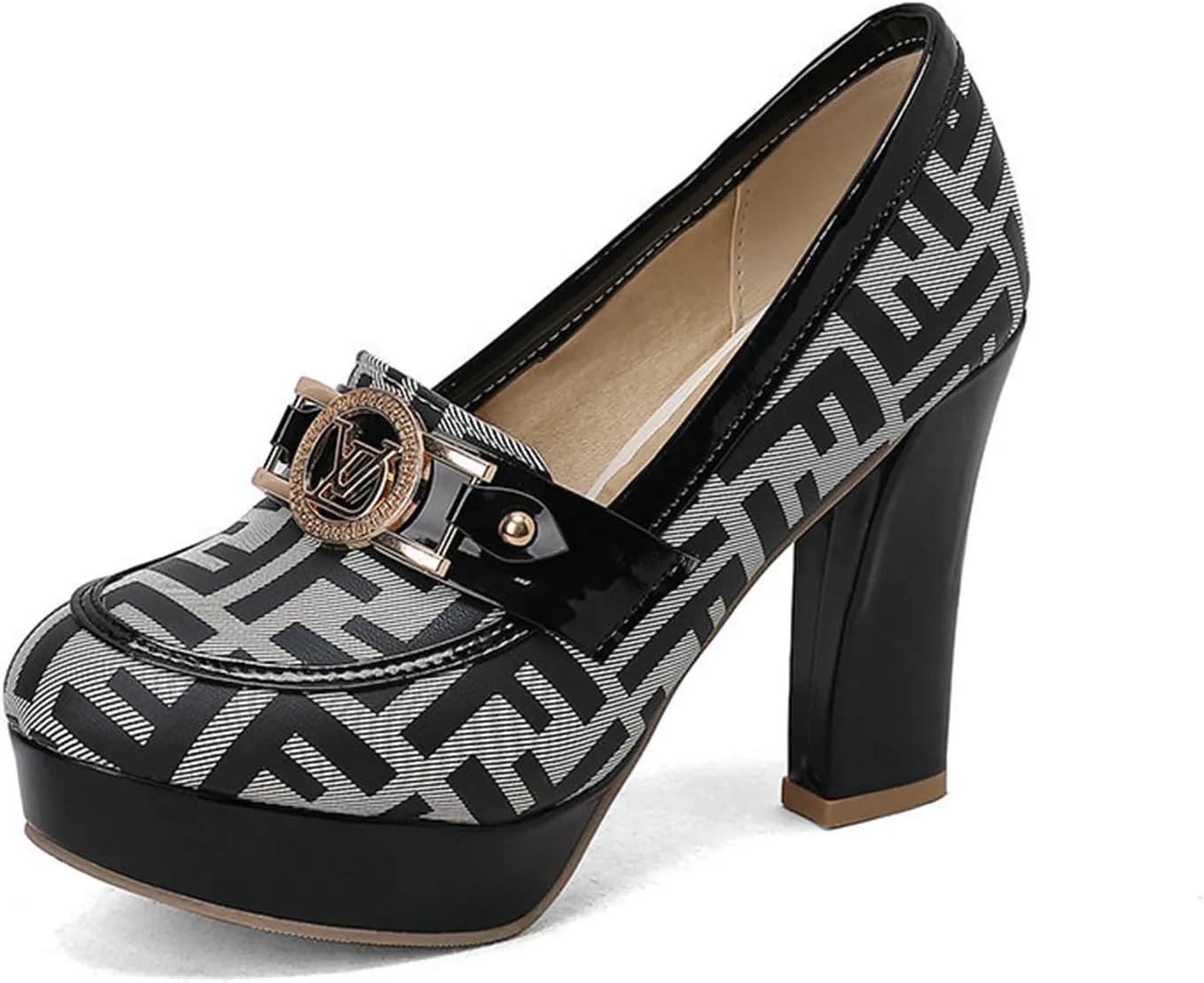 TNXZ Women Chunky Block High Heel Pumps Round Toe, Slip On Dress Loafers Leather Patchwork for Ladies Girls Office