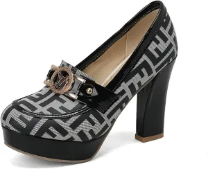 TNXZ Women Chunky Block High Heel Pumps Round Toe, Slip On Dress Loafers Leather Patchwork for Ladies Girls Office