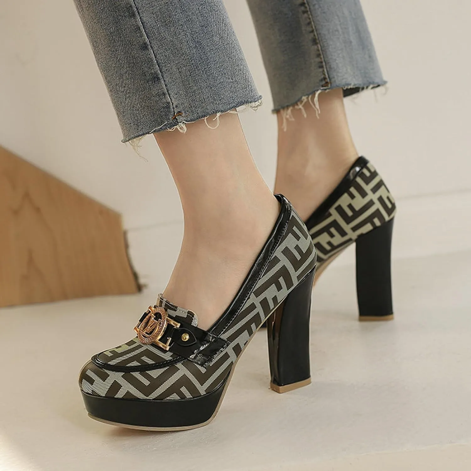 TNXZ Women Chunky Block High Heel Pumps Round Toe, Slip On Dress Loafers Leather Patchwork for Ladies Girls Office
