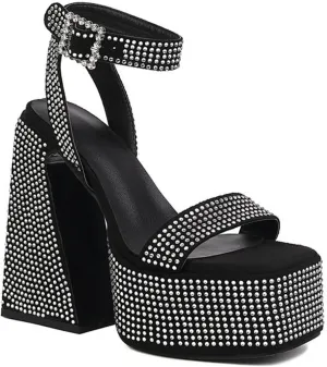 TNXZ Women's Girl Platform High Heels Sandals Rhinestones Square Open Toe Strappy Pumps Ankle Strap Dress Party Summer Shoes