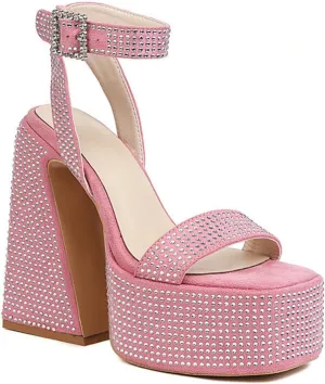 TNXZ Women's Girl Platform High Heels Sandals Rhinestones Square Open Toe Strappy Pumps Ankle Strap Dress Party Summer Shoes